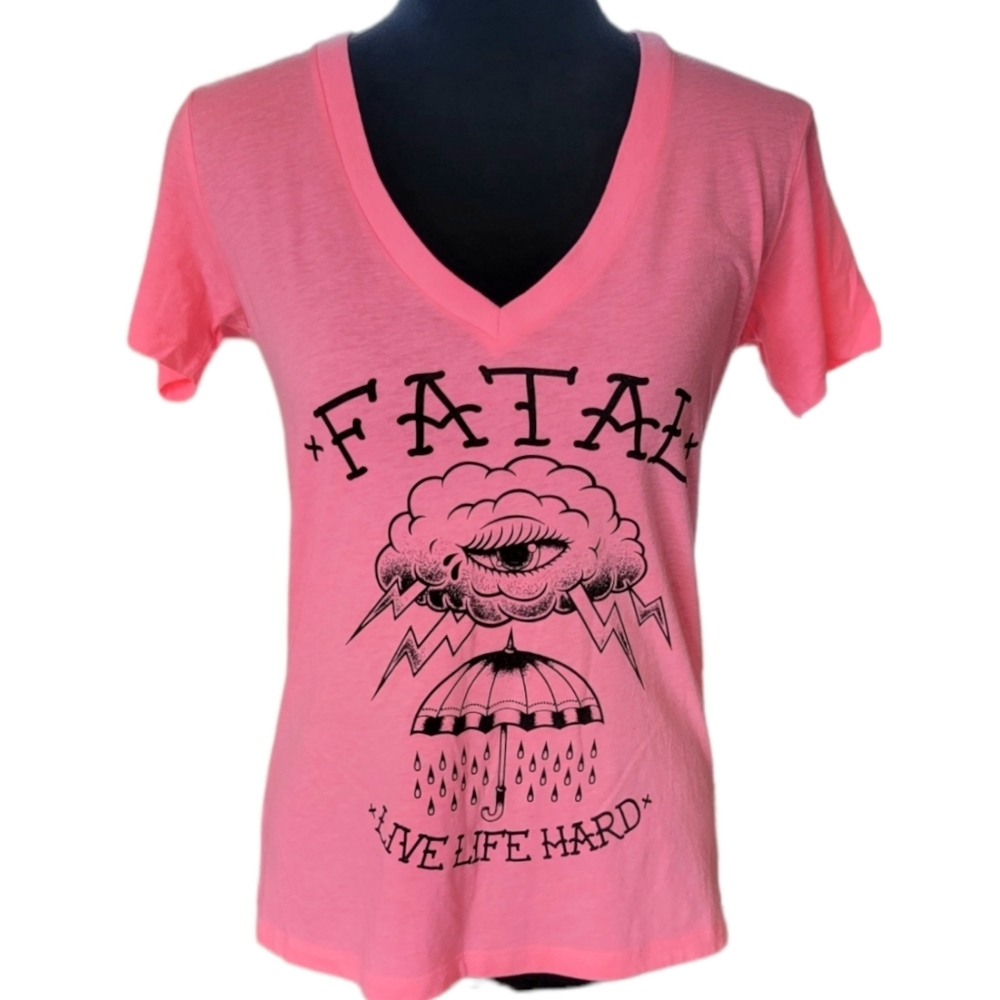 Fatal Clothing Hot Pink Live Life Hard Graphic V-Neck Tee Size XL